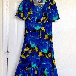 Vibrant Blue Floral V-Neck Midi Dress